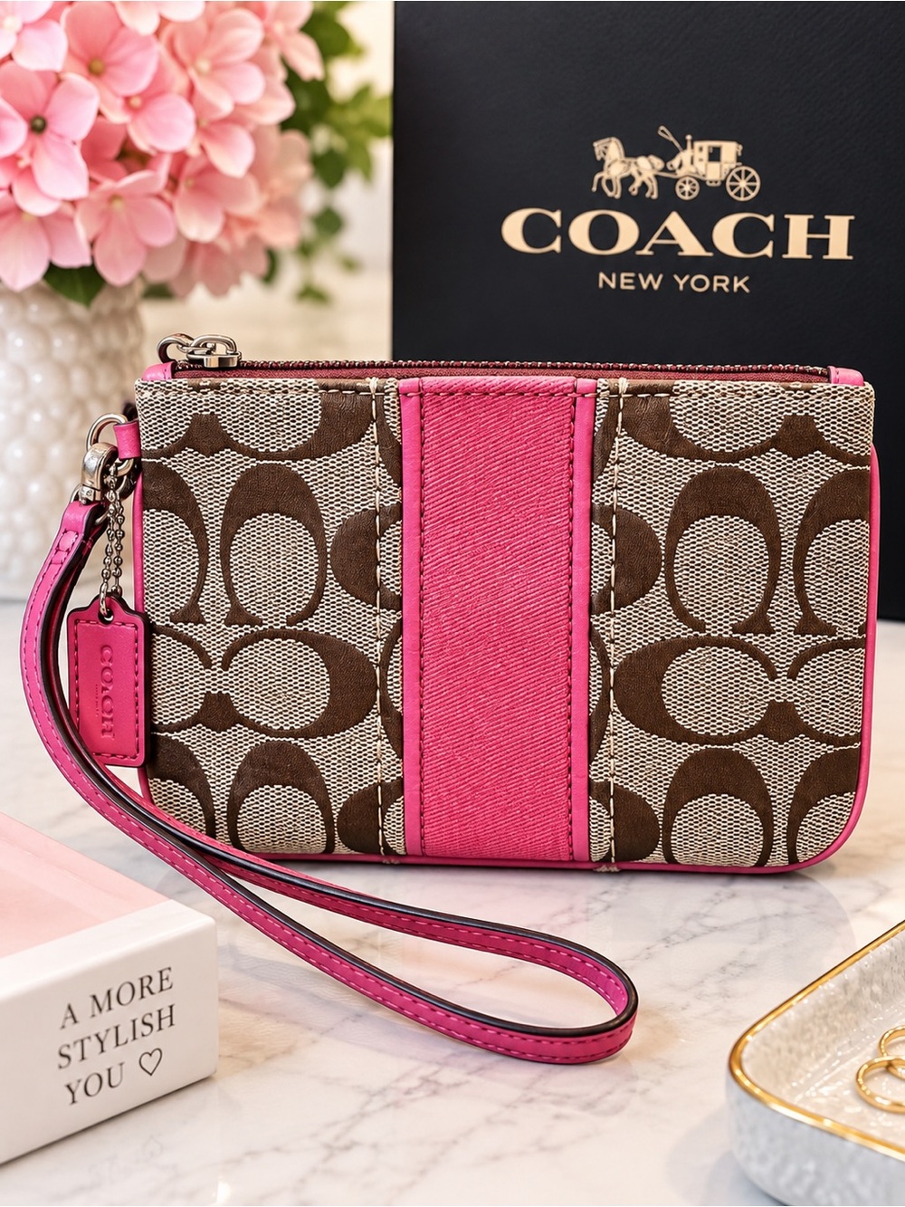 Coach Y2K Signature C Canvas Pink Stripe Wristlet Brown